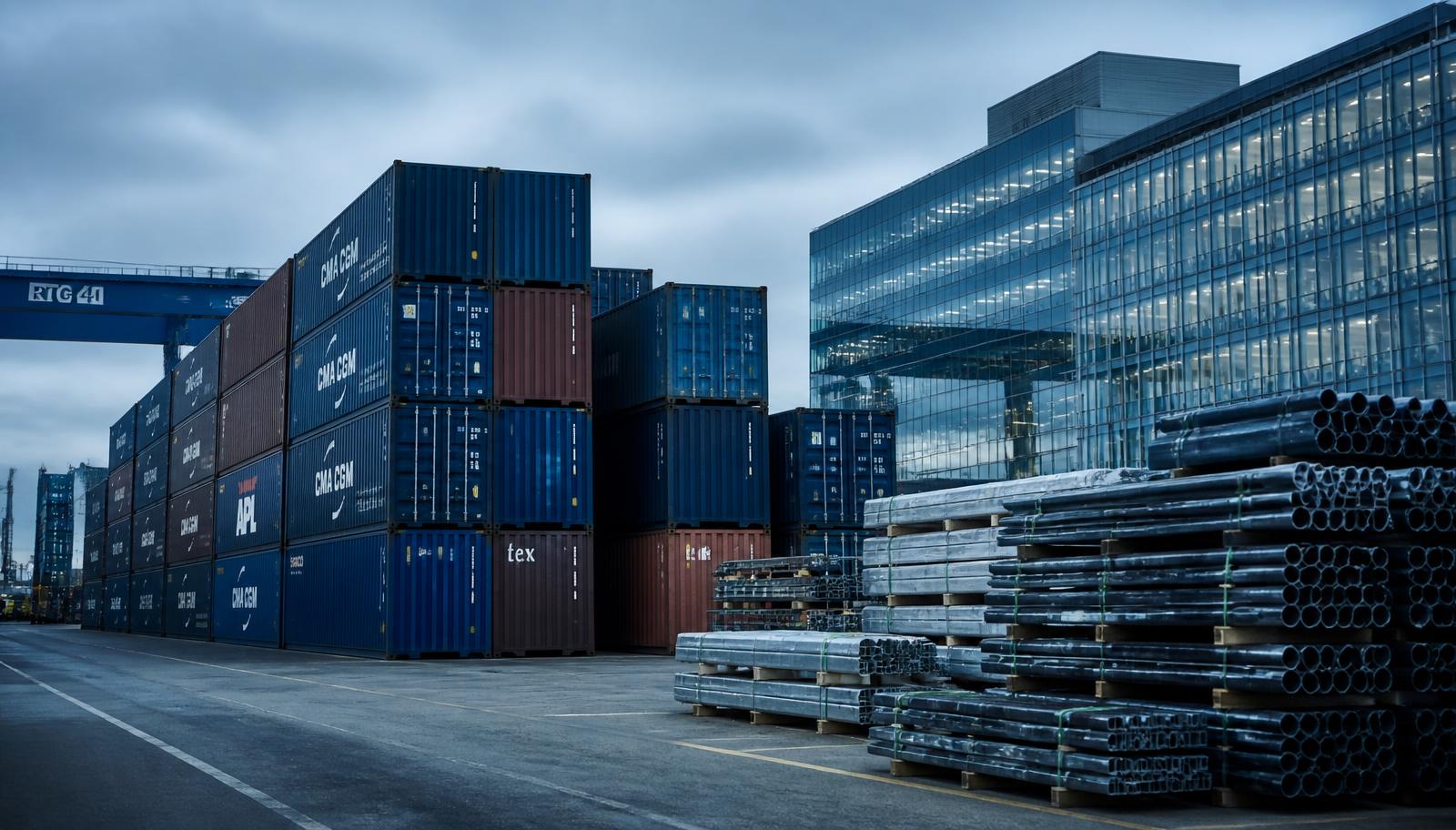 Cargo ship, shipping containers, steel beams and solar panels at an international port at sunrise